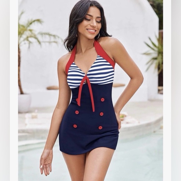 Ekouaer Other - Ekouaer Womens One Piece Swimsuits Vintage Striped Skirt Bathing Suit LARGE